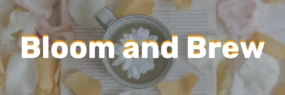 Bloom and Brew logo in white and orange text, with a flower inside a cup, placed on an open book surrounded by scattered petals.