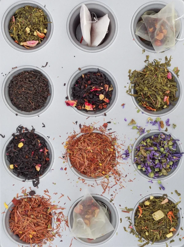 Set of 12 organic, dried flower and herb teas for wellness from the garden