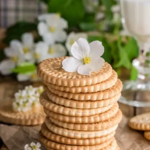 A stack of chamomile tea cookies with a flower on top
